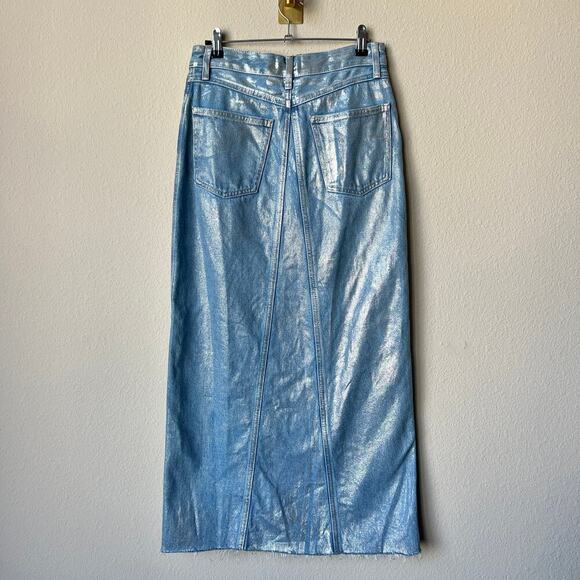 ZARA Metallic Blue Denim Asymmetrical Maxi Skirt Size XS - Picture 3 of 5